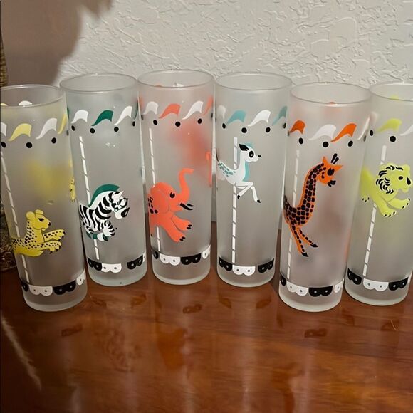 Libbey MCM Six Frosted Animal Carousel Glasses A Must for any Bar ! 10oz 1950’s - Picture 1 of 11